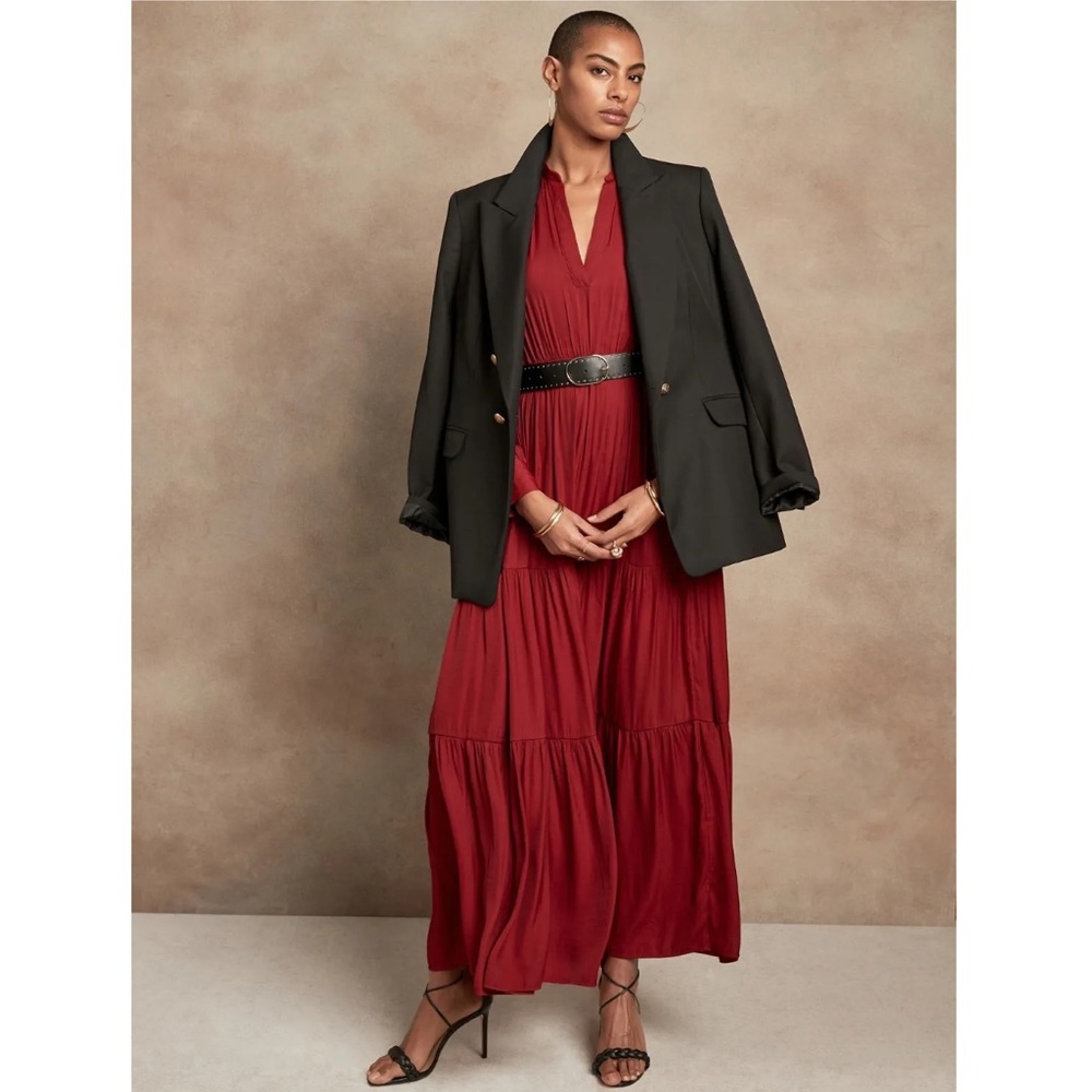 NTW red satin tiered maxi dress from Banana Republic